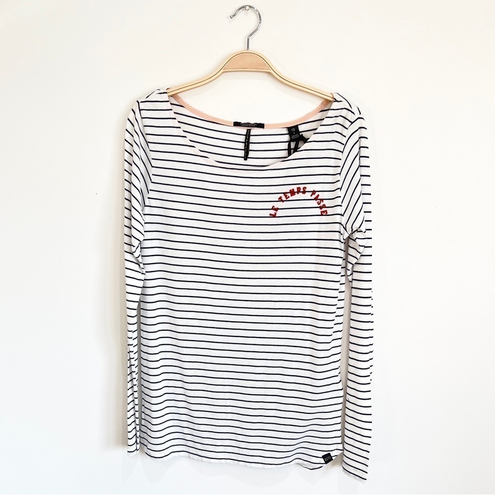NWT Scotch & Soda White and Black Striped Long Sleeve Tee with Red Accent